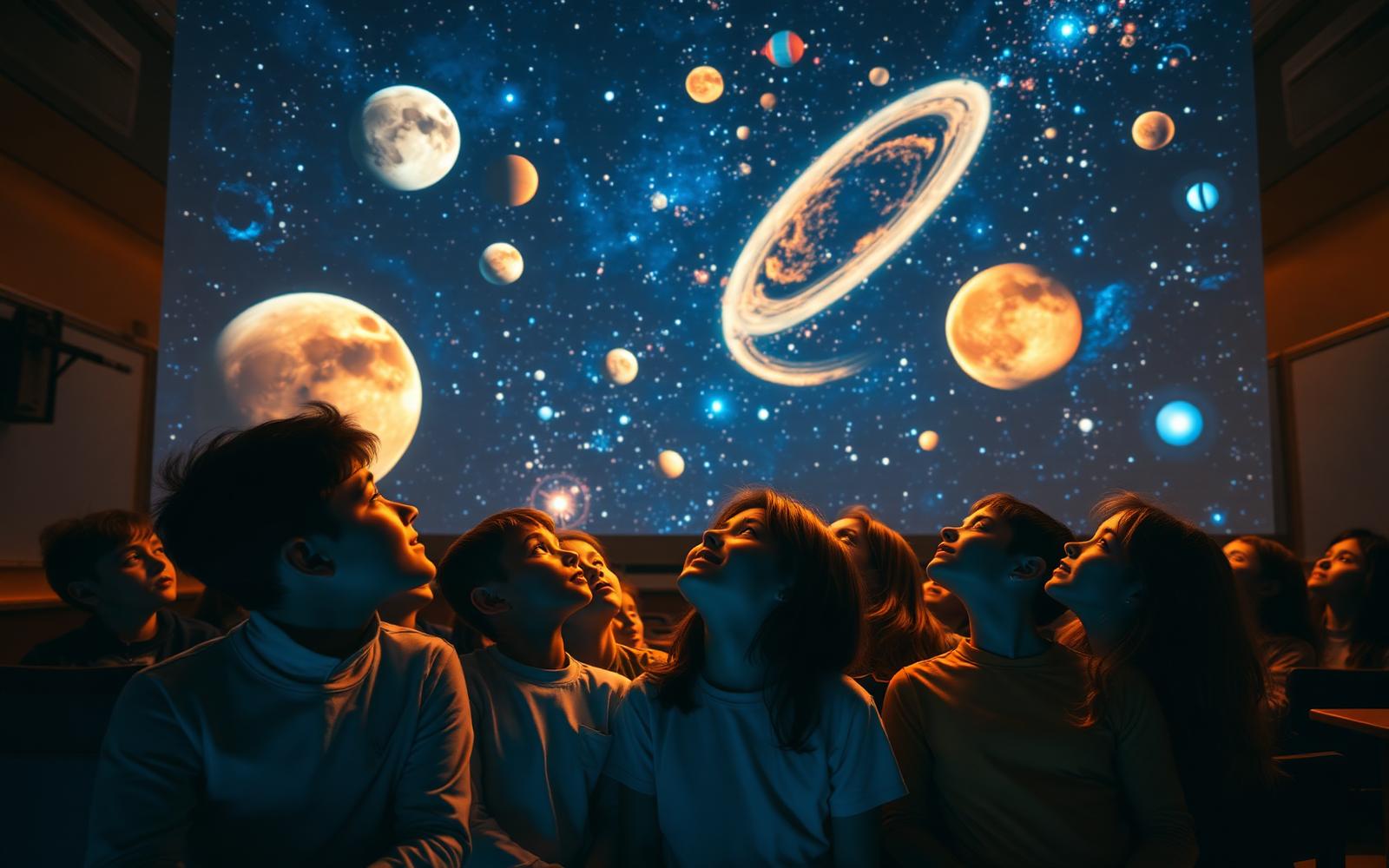 Students looking up at a projection of planets and galaxies